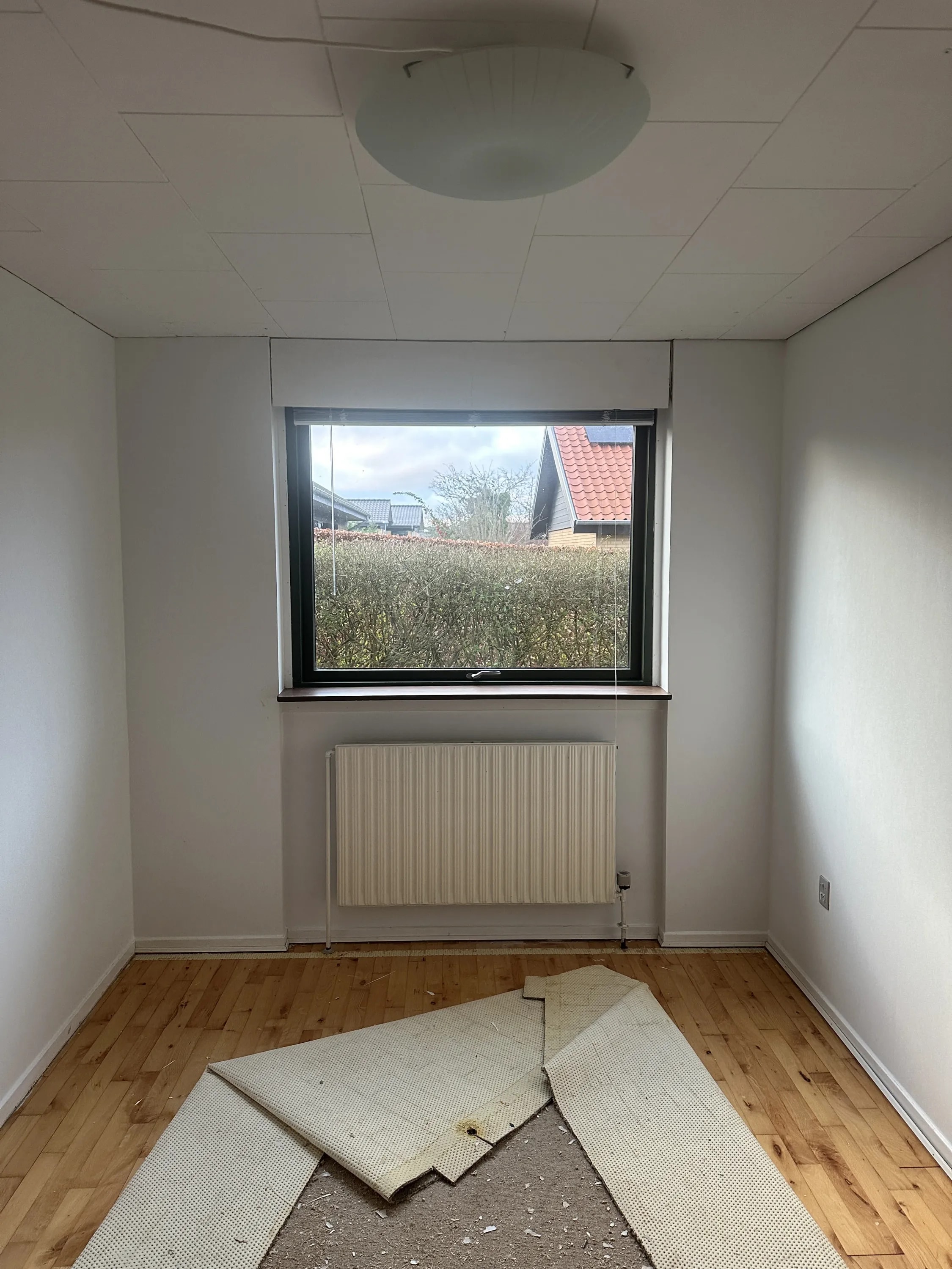 Værelse med hvidt loft og filtsatte vægge klar til kundens egen maling, Risskov